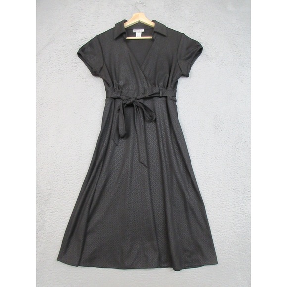 Robbie Bee Dress Womens 10 Black Wrap Belted Collared Short Sleeve Midi A Line - Picture 3 of 16